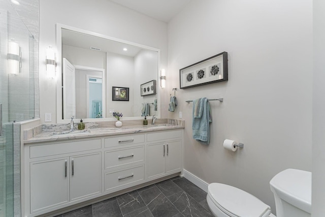 8159 Riverside Dr, Powell, OH 43065 - full bathroom featuring toilet, double vanity, marble look tile flooring, a shower stall, and baseboards