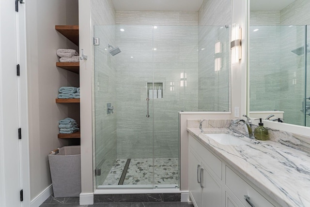8159 Riverside Dr, Powell, OH 43065 - full bathroom featuring vanity, a shower stall, and baseboards