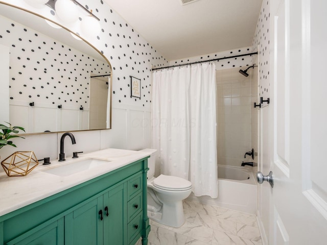 593 Summer Tree Loop, Marysville, OH 43040 - bathroom with toilet, vanity, shower / bath combo with shower curtain, and marble finish floors