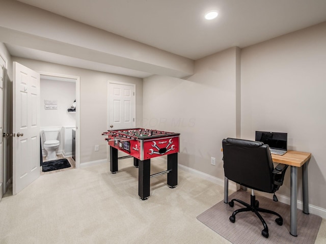 593 Summer Tree Loop, Marysville, OH 43040 - recreation room with baseboards, light carpet, an office area, and recessed lighting