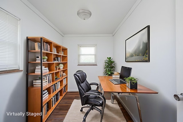 4469 Lancaster Ave, Columbus, OH 43207 - home office with crown molding and dark wood-style floors