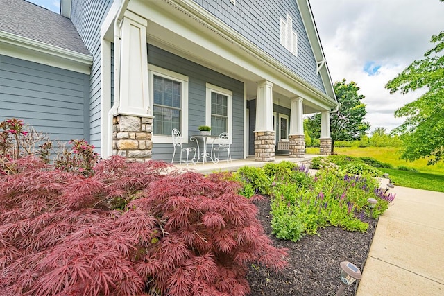 10641 Arrowwood Dr, Plain City, OH 43064 - property entrance featuring a porch, stone siding, and a shingled roof