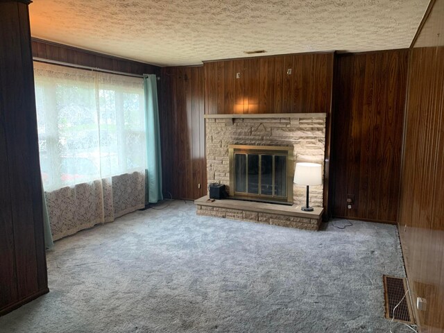 101 Gale Ct, Circleville, OH 43113 - unfurnished living room with wooden walls, a textured ceiling, carpet floors, and a stone fireplace