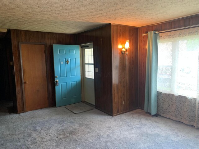 101 Gale Ct, Circleville, OH 43113 - carpeted entryway with wood walls and a textured ceiling