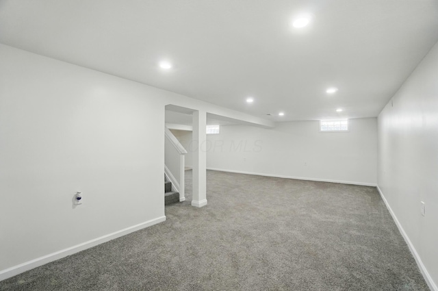 1410 E Dublin Granville Rd, Columbus, OH 43229 - basement with recessed lighting, carpet, stairway, and baseboards