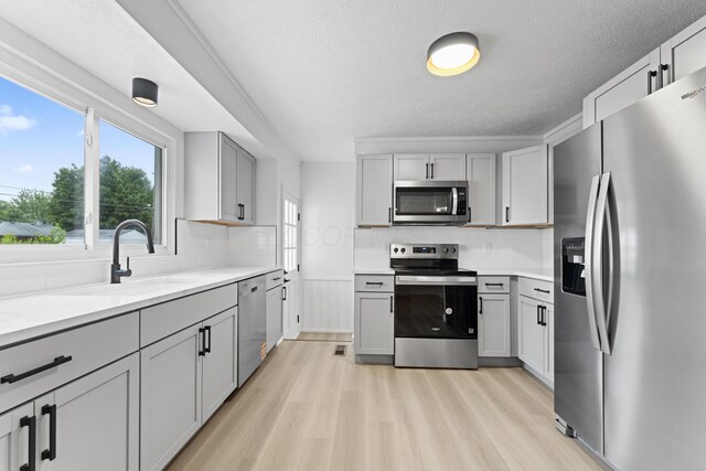 1116 S Yearling Rd, Columbus, OH 43227 - kitchen featuring appliances with stainless steel finishes, light wood-style flooring, a textured ceiling, gray cabinetry, and backsplash