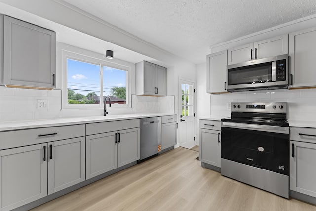 1116 S Yearling Rd, Columbus, OH 43227 - kitchen featuring appliances with stainless steel finishes, gray cabinetry, a textured ceiling, light wood-type flooring, and backsplash