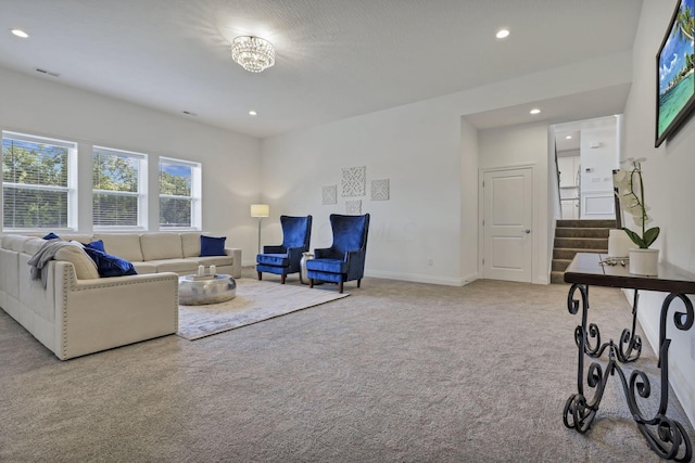7578 Hastings St, Pickerington, OH 43147 - living room with carpet, recessed lighting, stairs, and baseboards