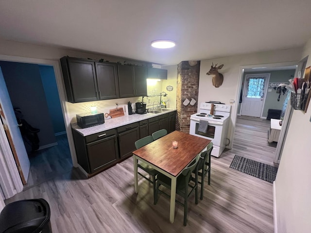 1119 Poplar St, Nelsonville, OH 45764 - kitchen with electric range, light countertops, light wood-style flooring, and a sink