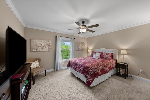 3624 Sparrow Ct, Hilliard, OH 43026 - bedroom with baseboards, ornamental molding, light carpet, and ceiling fan