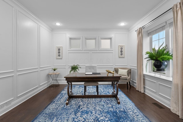 3624 Sparrow Ct, Hilliard, OH 43026 - office featuring a decorative wall, dark wood-style floors, ornamental molding, and recessed lighting