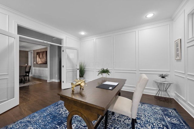 3624 Sparrow Ct, Hilliard, OH 43026 - office area with a decorative wall, dark wood-type flooring, recessed lighting, and ornamental molding