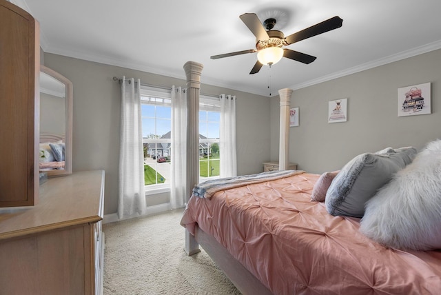 3624 Sparrow Ct, Hilliard, OH 43026 - bedroom with light carpet, crown molding, a ceiling fan, and baseboards
