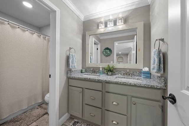 3624 Sparrow Ct, Hilliard, OH 43026 - full bath featuring crown molding, double vanity, toilet, and curtained shower