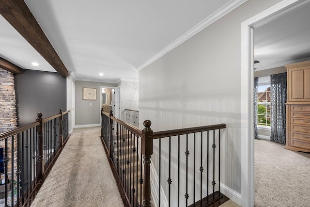 3624 Sparrow Ct, Hilliard, OH 43026 - corridor with light colored carpet, an upstairs landing, baseboards, recessed lighting, and crown molding