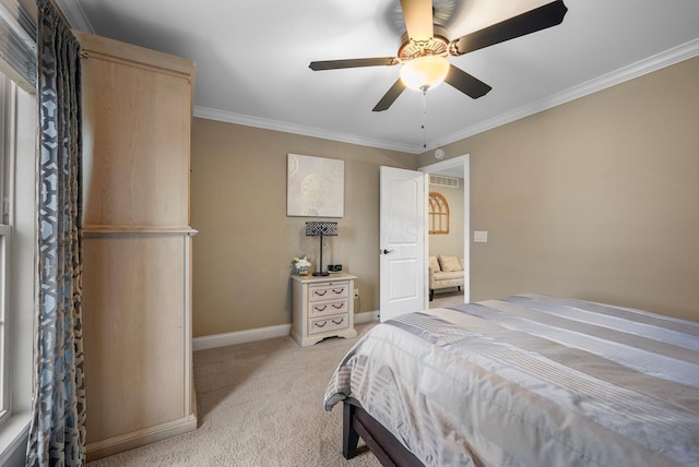 3624 Sparrow Ct, Hilliard, OH 43026 - bedroom with light colored carpet, ornamental molding, baseboards, and a ceiling fan