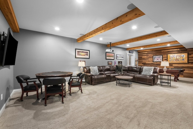3624 Sparrow Ct, Hilliard, OH 43026 - living room featuring recessed lighting, carpet flooring, wood walls, beam ceiling, and baseboards