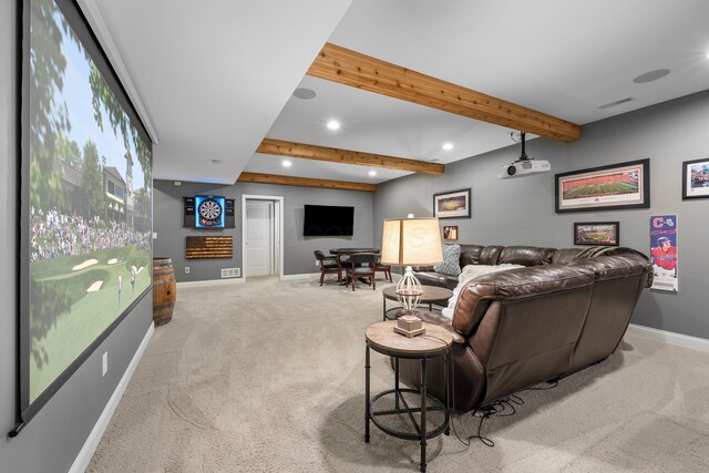 3624 Sparrow Ct, Hilliard, OH 43026 - living room featuring carpet, recessed lighting, baseboards, and beamed ceiling