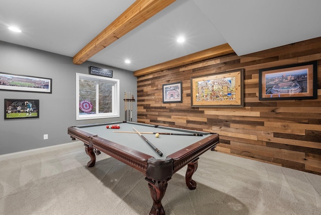 3624 Sparrow Ct, Hilliard, OH 43026 - game room featuring wood walls, carpet floors, recessed lighting, beamed ceiling, and billiards table