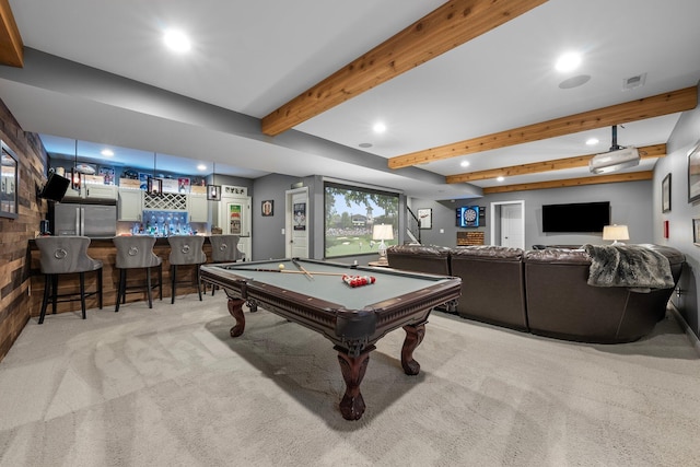 3624 Sparrow Ct, Hilliard, OH 43026 - recreation room with bar with sink, recessed lighting, light colored carpet, billiards table, and beam ceiling