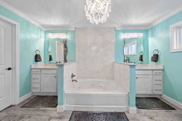 3624 Sparrow Ct, Hilliard, OH 43026 - bathroom featuring a whirlpool tub, two vanities, ornamental molding, a chandelier, and baseboards