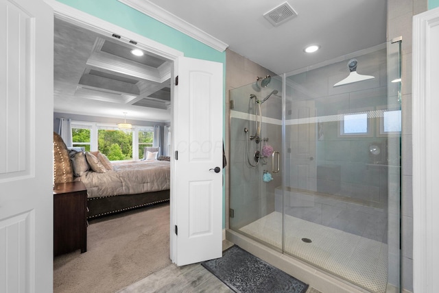 3624 Sparrow Ct, Hilliard, OH 43026 - full bathroom with crown molding, ensuite bath, wood finished floors, a stall shower, and recessed lighting