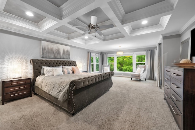 3624 Sparrow Ct, Hilliard, OH 43026 - bedroom featuring light carpet, ornamental molding, beamed ceiling, coffered ceiling, and a ceiling fan