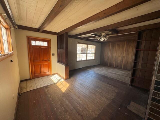 68511 Liston Ave, Bridgeport, OH 43912 - entrance foyer featuring wood finished floors, beam ceiling, a ceiling fan, and baseboards