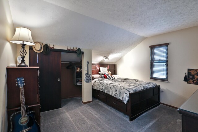 4359 Shire Cove Rd, Hilliard, OH 43026 - bedroom featuring vaulted ceiling, dark carpet, a textured ceiling, and baseboards