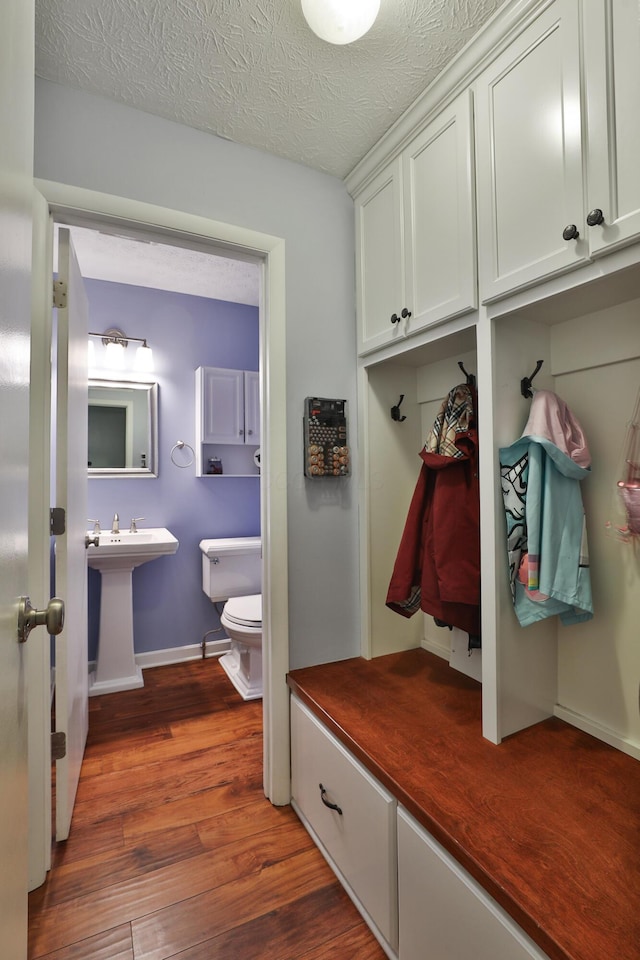 4359 Shire Cove Rd, Hilliard, OH 43026 - mudroom with wood finished floors, baseboards, and a textured ceiling