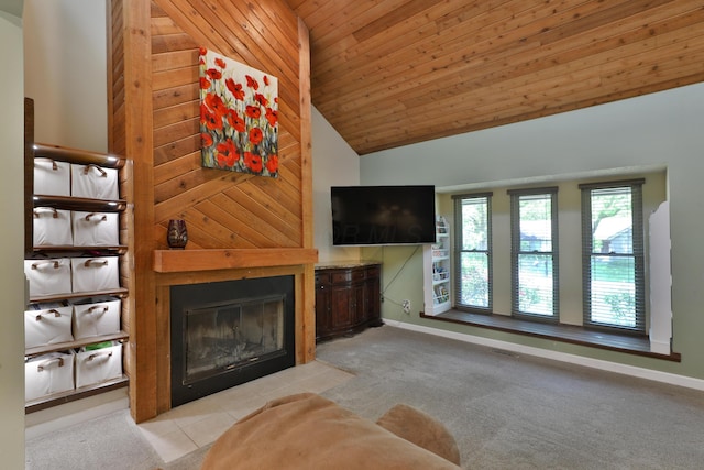4359 Shire Cove Rd, Hilliard, OH 43026 - carpeted living room with a fireplace with flush hearth, baseboards, vaulted ceiling, and wooden ceiling