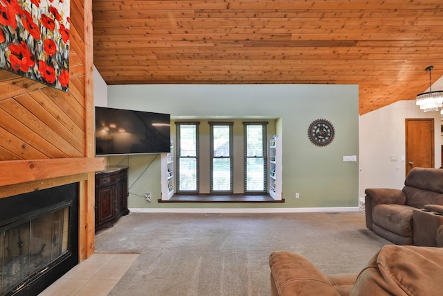 4359 Shire Cove Rd, Hilliard, OH 43026 - living room featuring lofted ceiling, wooden ceiling, light colored carpet, baseboards, and a fireplace with flush hearth