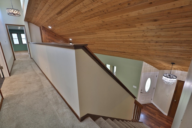 4359 Shire Cove Rd, Hilliard, OH 43026 - hallway featuring wood ceiling, vaulted ceiling, plenty of natural light, and stairway