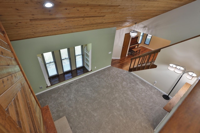 4359 Shire Cove Rd, Hilliard, OH 43026 - stairway featuring vaulted ceiling, wooden ceiling, carpet flooring, and recessed lighting