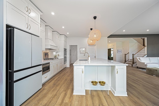 2733 Sycamore Trce, Hilliard, OH 43026 - kitchen featuring stainless steel appliances, custom range hood, a sink, light wood-style floors, and white cabinetry