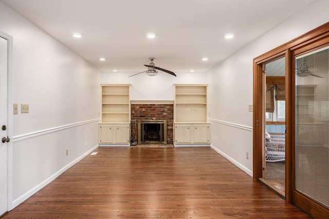 1609 Slade Ave, Columbus, OH 43235 - unfurnished living room featuring ceiling fan, wood finished floors, a fireplace, baseboards, and recessed lighting