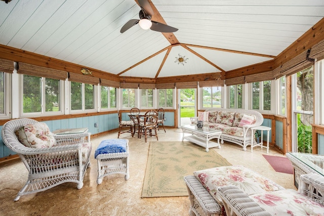 1609 Slade Ave, Columbus, OH 43235 - sunroom with outdoor lounge area, a ceiling fan, and vaulted ceiling