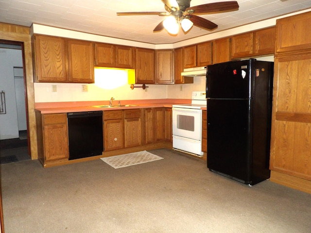 938 Meadowview Ave, Lancaster, OH 43130 - kitchen featuring black appliances, under cabinet range hood, brown cabinetry, a sink, and light countertops