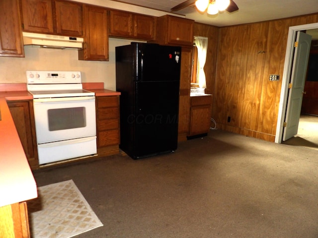 938 Meadowview Ave, Lancaster, OH 43130 - kitchen featuring white electric range, under cabinet range hood, freestanding refrigerator, ceiling fan, and brown cabinetry