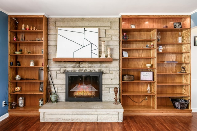 2175 Ridgeview Rd, Upper Arlington, OH 43221 - detailed view of baseboards, wood finished floors, a stone fireplace, and ornamental molding