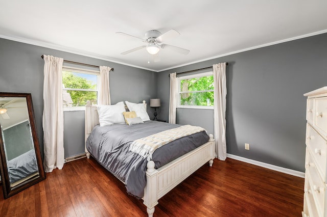 2175 Ridgeview Rd, Upper Arlington, OH 43221 - bedroom with multiple windows, wood finished floors, crown molding, ceiling fan, and baseboards