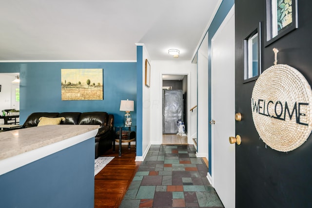 2175 Ridgeview Rd, Upper Arlington, OH 43221 - hallway featuring baseboards, crown molding, and dark stone finish floors