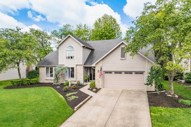 4561 Bent Creek Pl, Grove City, OH 43123 - traditional-style house with stone siding, roof with shingles, a garage, concrete driveway, and a front lawn