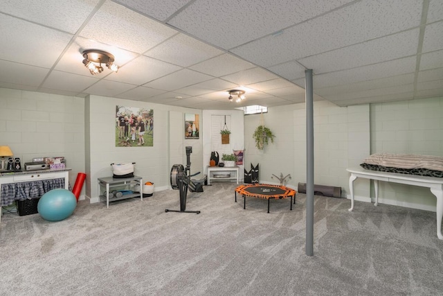 4561 Bent Creek Pl, Grove City, OH 43123 - exercise room featuring carpet flooring, a paneled ceiling, and concrete block wall