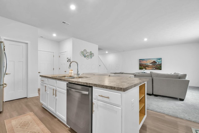 5384 Coble Meadows Ln, Canal Winchester, OH 43110 - kitchen featuring appliances with stainless steel finishes, a sink, wood finished floors, open shelves, and recessed lighting