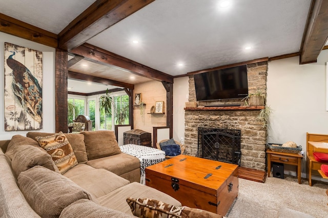 796 Mulberry Dr, Columbus, OH 43235 - living room with beam ceiling, a stone fireplace, carpet floors, and recessed lighting