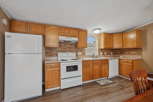 8 Winter Pine Dr, Delaware, OH 43015 - kitchen featuring white appliances, under cabinet range hood, dark wood-style flooring, and decorative backsplash