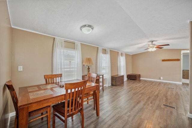 8 Winter Pine Dr, Delaware, OH 43015 - dining room featuring ceiling fan, light wood-style floors, lofted ceiling, and ornamental molding
