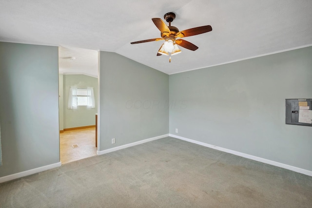 8 Winter Pine Dr, Delaware, OH 43015 - carpeted empty room with a ceiling fan, electric panel, and vaulted ceiling