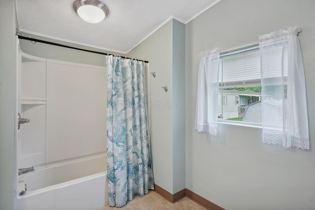 8 Winter Pine Dr, Delaware, OH 43015 - full bathroom with shower / bathtub combination with curtain, crown molding, and tile patterned flooring